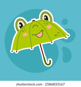 Frog umbrella vector isolated from the background. Hand-drawn flat design, ideal for stickers, children’s decor, and cute seasonal artwork.