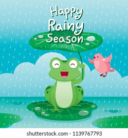 Frog Under Lotus Leaf For Protect In The Rain, Bird Flying Around, Monsoon, Rainy Day, Season, Raindrop, Animal, Relationship