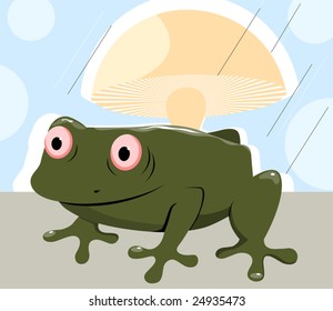  Frog under mushroom in rain	