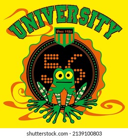 Frog In A University Coat Of Arms. Frog Mascot Illustration Concept.
