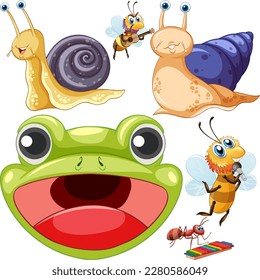 A frog with various insects set illustration