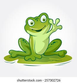 Frog Vector Cartoon Character. This is a frog cartoon animal sitting on lotus leave, it's look like said "hi..."