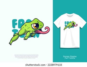 frog vector illustration, flat cartoon style design, with added view on t-shirt.