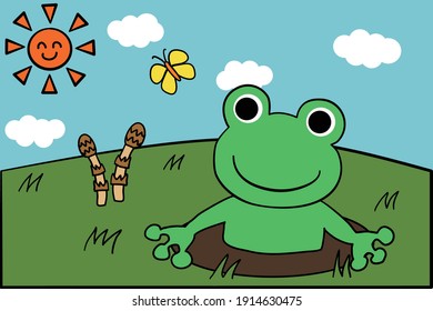 Frog Wakes Up From Hibernation Under The Blue Sky