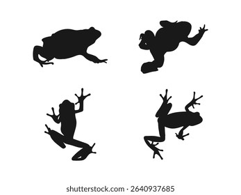Frog walking silhouette vector art. Black color silhouette with a frog theme, vector file. Silhouettes of Frogs in Different Poses Against a White Background.