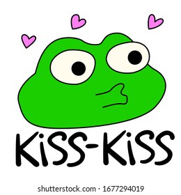 Frog wants to kiss. The words "Kiss Kiss" written by hand. Vector toad in love on a white background. Amphibian for stickers, fairy tales, stories, logos and print. Stock illustration.