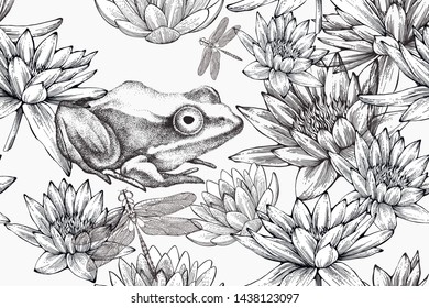 Frog with water lilies, seamless pattern. Hand-drawn, vector illustration.