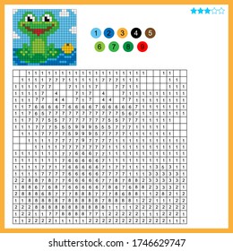 Frog with a water Lily. Color by numbers. Coloring book for kids. Colorful Puzzle Game for Children with answer.