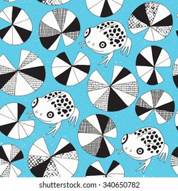 Frog and water lily seamless background. Black and white surface decoration.Vector illustration. Cloth design, wallpaper, wrapping.