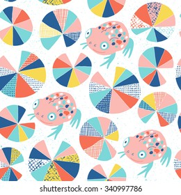 Frog and water lily seamless background. Colorful surface decoration.Vector illustration. Cloth design, wallpaper, wrapping.
