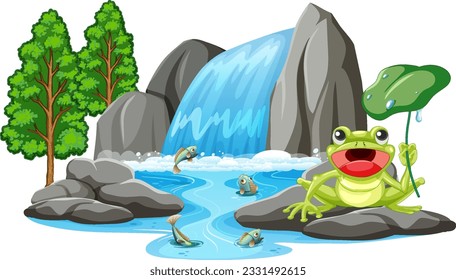 Frog at waterfall scene illustration