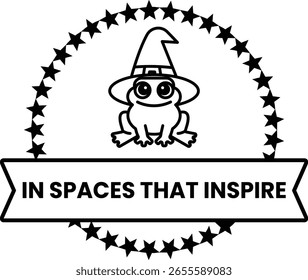 A frog wearing a hat sits in a circle of stars. The frog is the logo for a company called In Spaces That Inspire