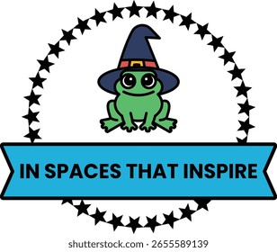 A frog wearing a hat is sitting in a circle of stars. The frog is in a space that inspires