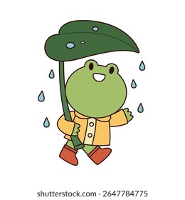 frog wearing raincoat and boots, holding green leaf over its head to shield itself from raindrops. flat cartoon style vector illustration isolated on white background