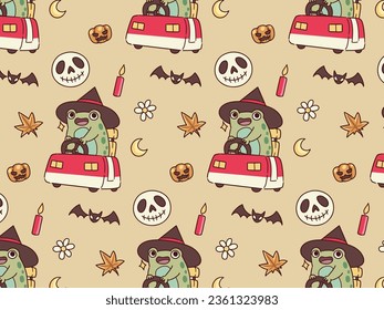 frog wearing a witch hat in a car pattern with halloween properties, skeleton, and candle
