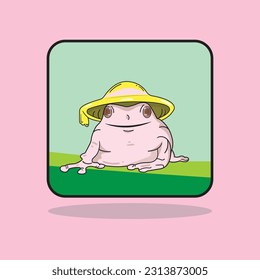 a frog wearing a yellow hat with a funny face