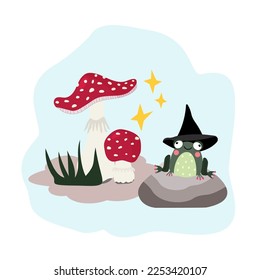 Frog in witch hat sitting on the stone near the mushrooms. Isolated vector images on white background