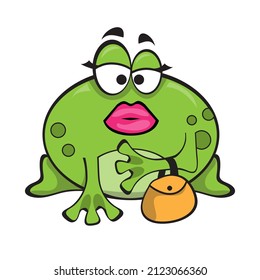 Frog Woman With Kiss Mouth, Pink Lips And Funny Eyebrows On Isolated White Background. Comic Female Frog With A Bag In Her Hand