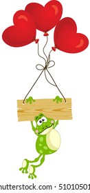 Frog with wooden sign and heart balloons
