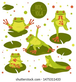 Frog Yoga Poses And Exercises. Cute Cartoon Clipart Set. Vector Illustration