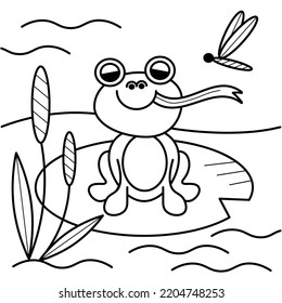Frog1. A cute frog catches a dragonfly with its tongue on a pitcher leaf in a swamp. Cartoon black and white illustration. 
