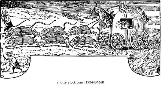 Frog-Bride, this scene shows six mice driving cart and frogs sitting inside cart, vintage line drawing or engraving illustration