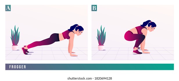 Frogger exercise, Women workout fitness, aerobic and exercises. Vector Illustration.	