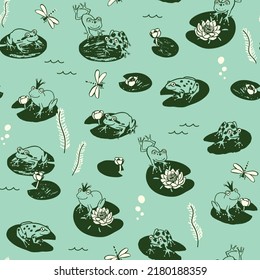 Froggs in the lake, animals vector seamless pattern