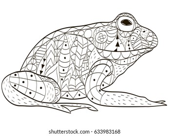 Froggy coloring book vector illustration. Anti-stress coloring for adult toad. Zentangle style. Black and white lines hoptoad. Lace pattern anuran
