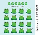 Froggy Emoji Emotes. Cute Frogs Various Face Expressions Icons Sticker pack. Frogs sit on Lotus Leaf Chibi Cartoon Characters. Unique Cute Green Frog. Children Illustrations. Animals Icon Mascots.