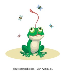 Froggy hunting. Cartoon frog catching insects isolated vector illustration