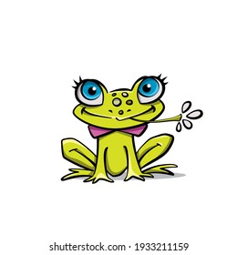 a frogling with a blade of grass, 
color vector drawing with a black outline