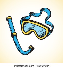 Frogman cyan mouthpiece pipe and spectacle isolated on white background. Freehand bright color hand drawn picture sketchy in art scribble retro style. Closeup view with space for text