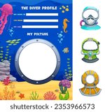 Frogman or diver profile form, kid kindergarten information template, vector background. Kids diving school or child personal profile form with sea fishes or ocean underwater cartoon landscape
