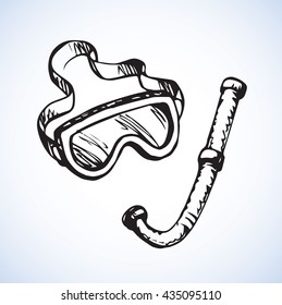 Frogman mouthpiece pipe and spectacle isolated on white background. Freehand outline ink hand drawn picture sketchy in scribble retro style pen on paper. Closeup view with space for text