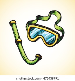 Frogman yellow mouthpiece pipe and glass spectacle icon isolated on white background. Freehand bright color hand drawn picture sign sketchy in art scribble retro style. Closeup view