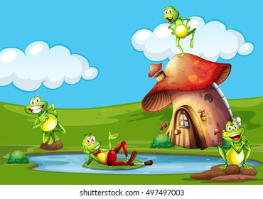 Frogs around a mushroom house