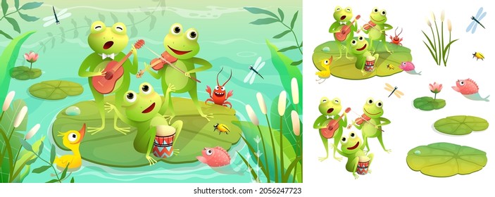 Frogs band playing musical instruments on the lake, animal concert. Frogs concert on swamp background, funny animals cartoon for kids. Vector illustration in watercolor style.