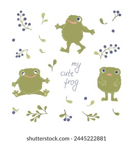 Frogs and berries set. Vector illustration of cute characters in different poses, blueberries and leaves. A hand-drawn cartoon in a limited palette is ideal for children's textiles and clothing.