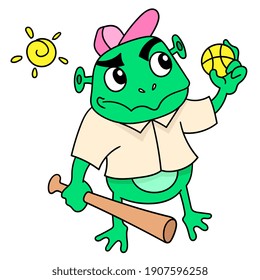 frogs carry balls and sticks to play baseball, doodle draw kawaii. vector illustration art