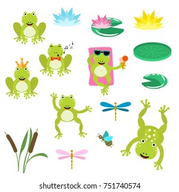 Frogs cartoon clipart vector set.