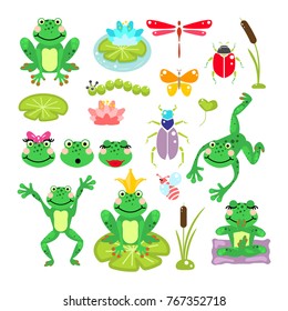 Frogs cartoon green clip-art vector set. Beetles, dragonfly, prince and water lily illustration.