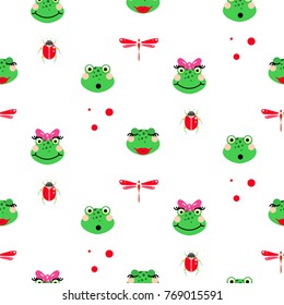 Frogs cartoon green seamless vector pattern with dragonfly and beetle illustration.