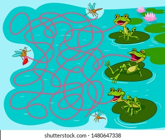 Frogs catch mosquitoes. Maze game. Cartoon vector illustration. Education game for children. Find frog that caught the mosquito.