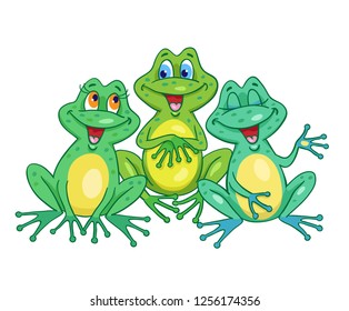 Frogs choir. Three funny frogs sing sitting on a meadow. In cartoon style, isolated on white background. Vector illustration.