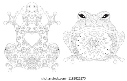 Frogs collection for design element,tattoo, print on product and adult coloring book pages. Vector illustration