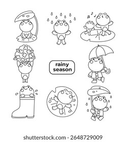 As rãs se envolveram em várias atividades relacionadas à estação chuvosa, segurando guarda-chuvas, vestindo capas de chuva, sentando-se sobre almofadas de lírio e desfrutando da chuva. Ilustração gráfica vetorial plana de contorno