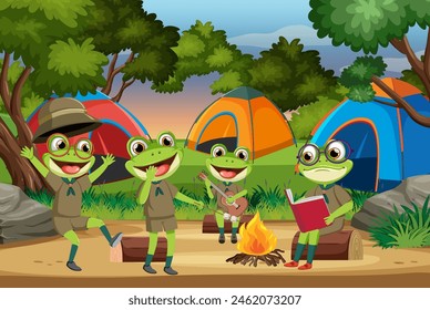Frogs enjoying a campfire in the forest