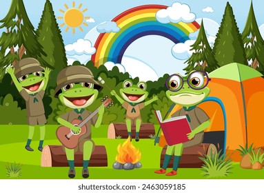 Frogs enjoying a campfire with music and books