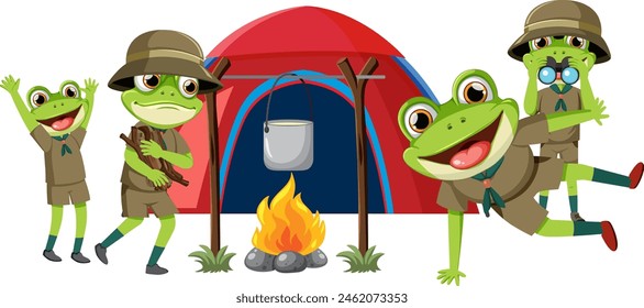 Frogs enjoying a fun camping trip